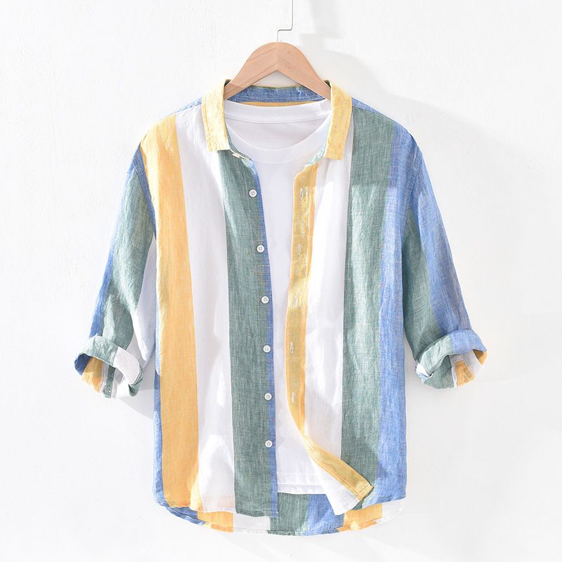 Camicia a maniche corte in lino a righe fresche del 1828 da uomo # 039; camicia di lino sottile con colletto quadrato traspirante e sciolto una generazione._voghion.com