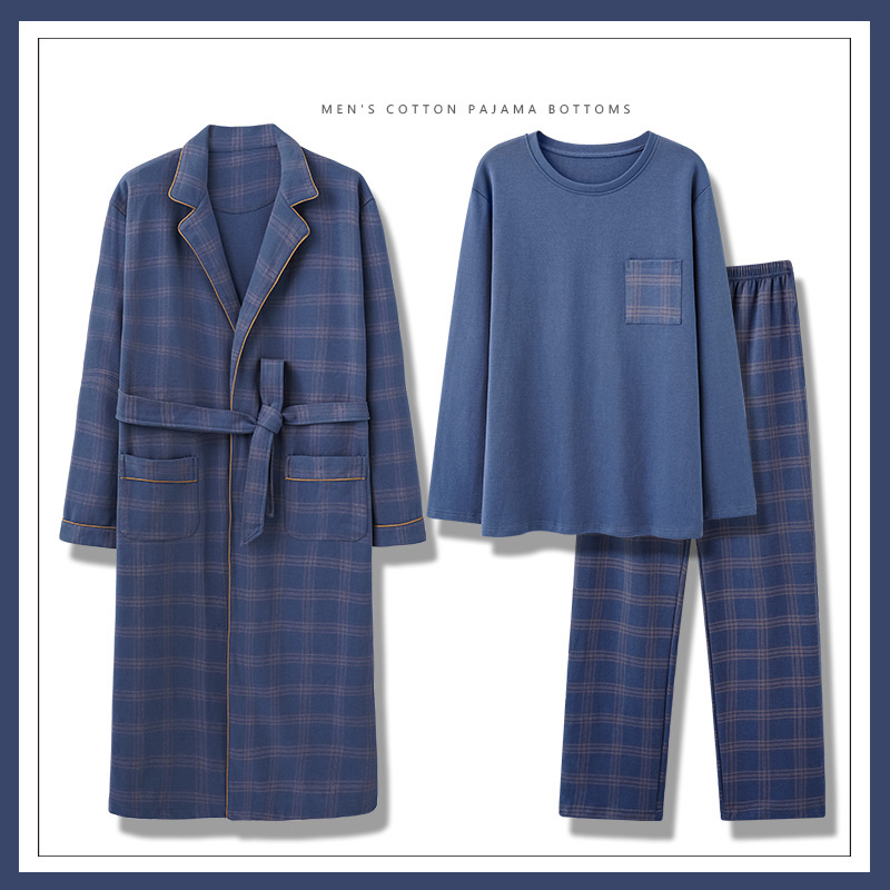Nightgown Men's Spring And Autumn Pure Cotton Long-sleeved Loose Large Size Bathrobe Long Pajamas Home Clothes Three-piece Suit Wholesale_voghion.com