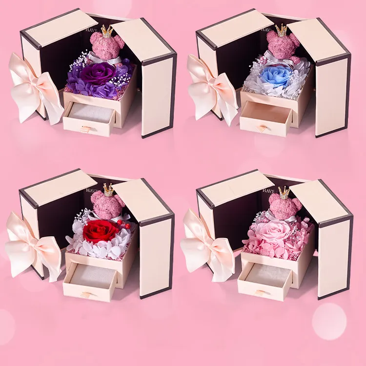 Rose Gift Box Pink Double Door Valentine's Day Everlasting Flower Jewelry Box Bear Everlasting Flower Gift Box_voghion.com