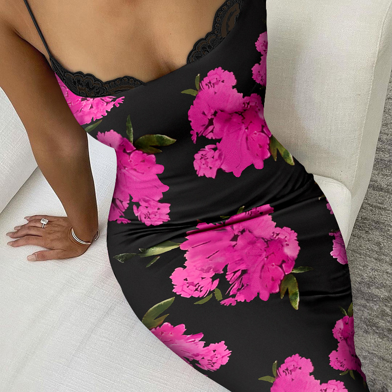 Women's Clothing Blue Floral Print Splicing Lace Suspender Skirt_voghion.com
