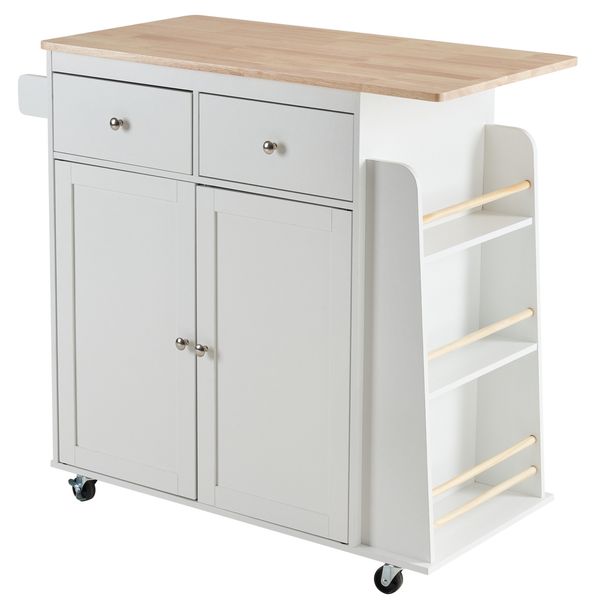 Îlot de cuisine mobile avec plateau en bois massif, équipé de rangements, de 2 tiroirs, de 3 étagères ouvertes pour épices et d'un porte-serviettes._voghion.com