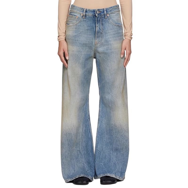 Jeans a zampa Th~ row da donna, primavera e autunno, blu consumato, vita media, larghi, in cotone, retrò, con etichetta bianca._voghion.com