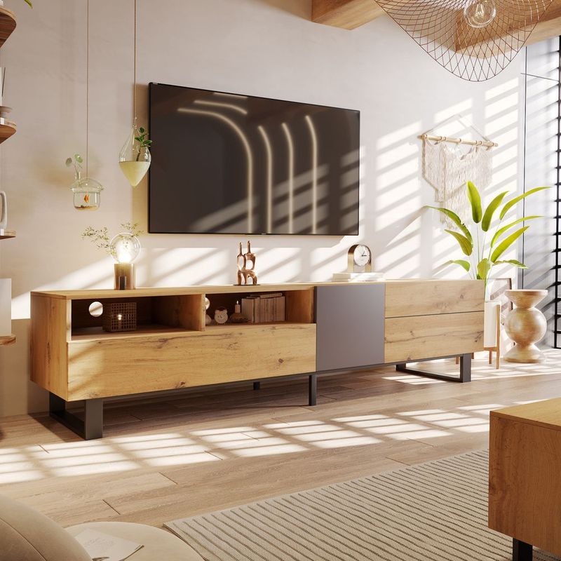 Modern TV Stand For 80'' TV With Double Storage Space, Media Console Table, Entertainment Center With Drop Down Door For Living Room, Bedroom, Home_voghion.com