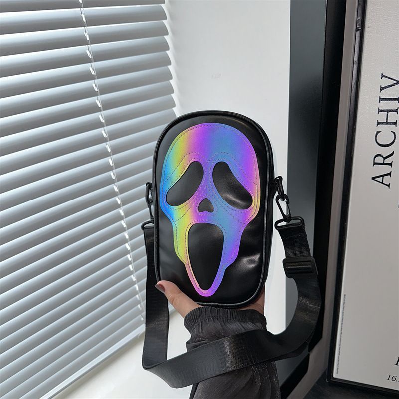 Sac bandoulière unisexe Halloween – Sac bandoulière élégant en PU imprimé tête de mort pour téléphone et objets essentiels, accessoire de mode streetwear (blanc/noir/coloré)_voghion.com