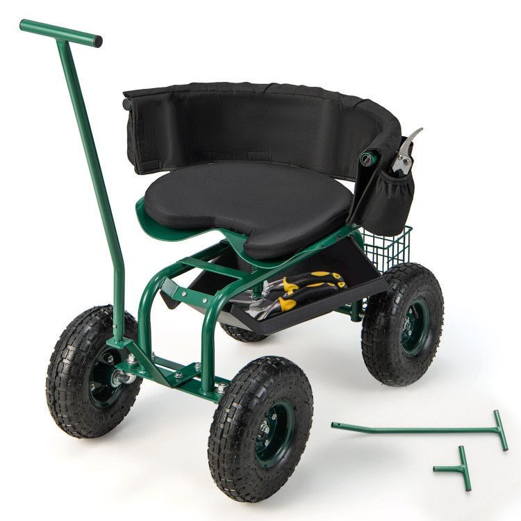 Carrello da giardino con ruote, sedile girevole regolabile in altezza e cestino portaoggetti_voghion.com