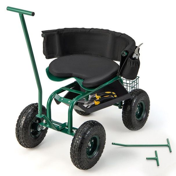 Carrello da giardino con ruote, sedile girevole regolabile in altezza e cestino portaoggetti_voghion.com