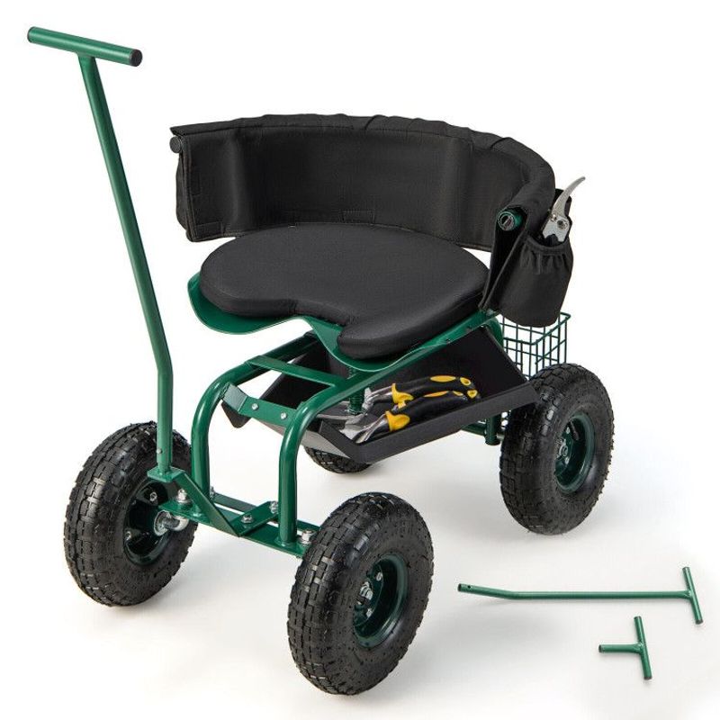 Rolling Garden Cart With Height Adjustable Swivel Seat And Storage Basket_voghion.com