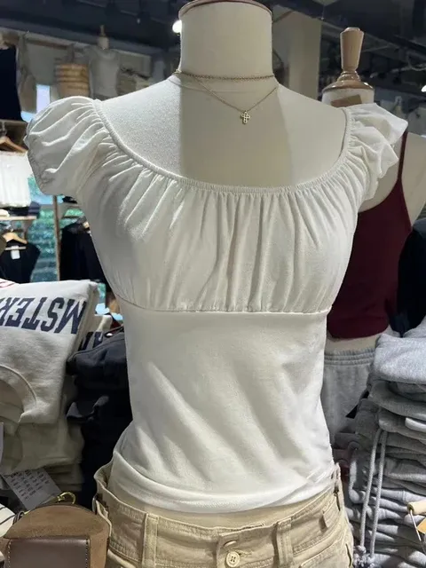 hot selling Sweet White Folds Slim Tees Haruku Cute Scoop Neck Soft Cotton Puff Sleeve T-shirts Vintage Solid Summer Balletcore Tops_voghion.com
