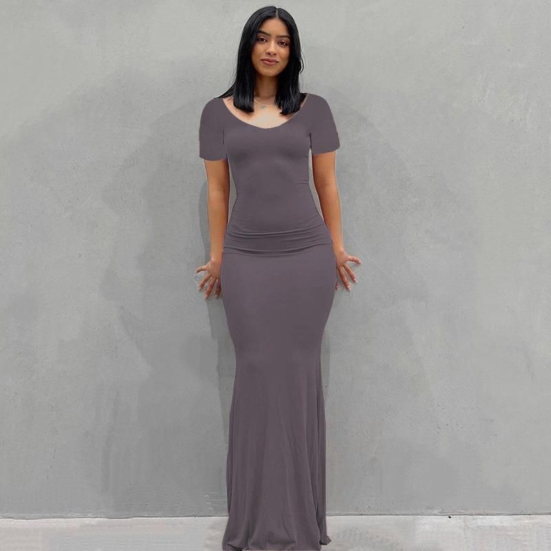 Damenbekleidung Langes Kleid Lässiges, schmales, langärmliges Heimkleid_voghion.com