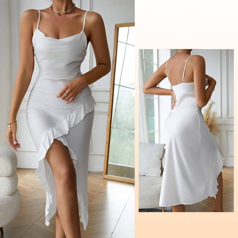 Roupa íntima Nova camisola suspensório sexy e charmoso gola oscilante folha de lótus bainha inferior pijamas divididos roupas para casa_voghion.com