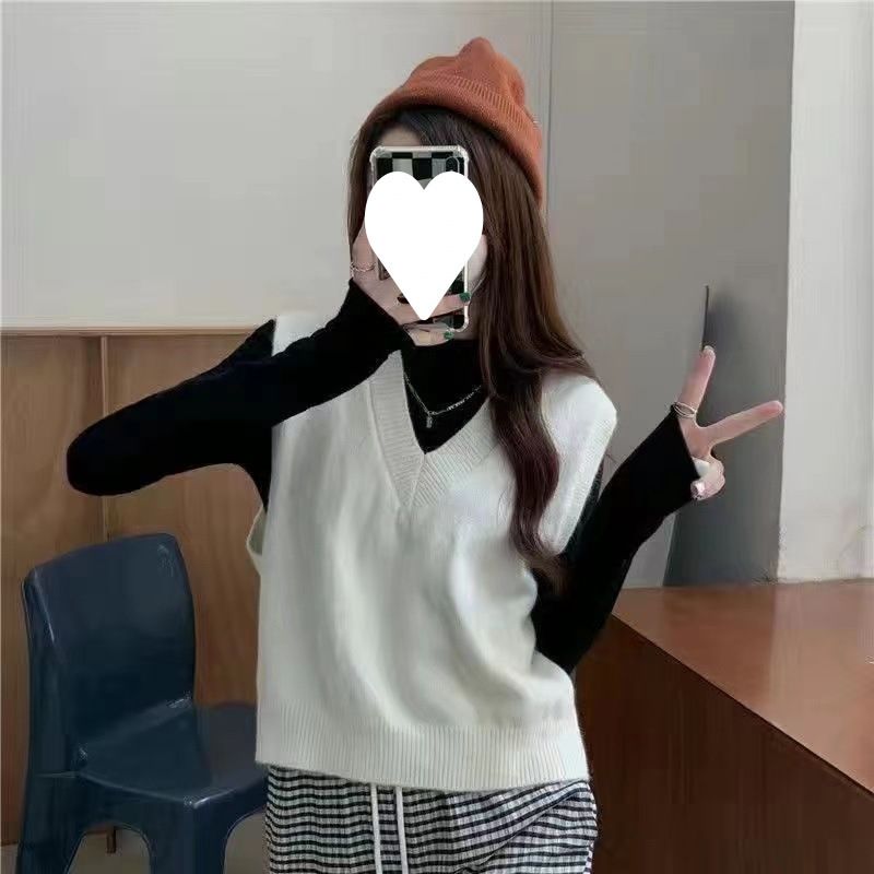 Version coréenne avec pull col en V tricoté sans manches, style universitaire minimaliste pour femme, coupe ample, style occidental_voghion.com