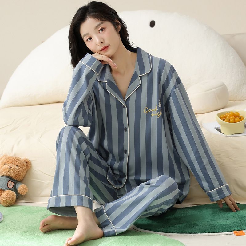 Ladies' winter cotton long sleeved cardigan simple sleepwear set cute girls' home clothes can be worn outside in spring_voghion.com