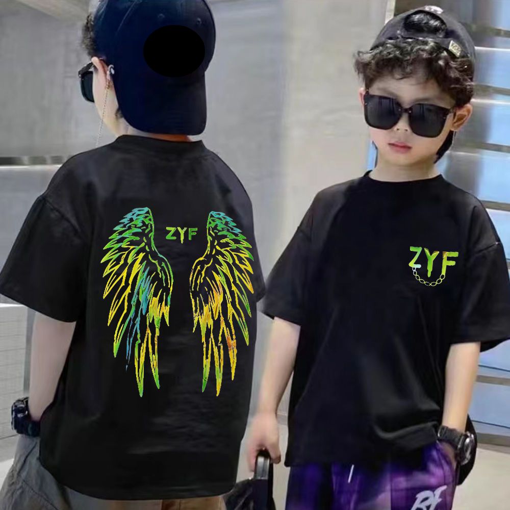 Anne ve Çocuklar 2024 yeni yaz serin ve yakışıklı sırt kanatları baskılı pamuklu tişörtler erkek çocuklar için kısa kollu üstler_voghion.com