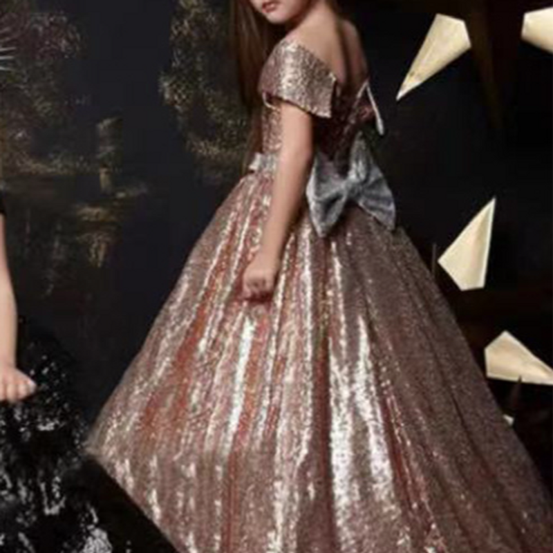 Børnetøj Børne kjole sølv blå gradient langhale kjole pige vært model catwalk piano performance kjole_voghion.com