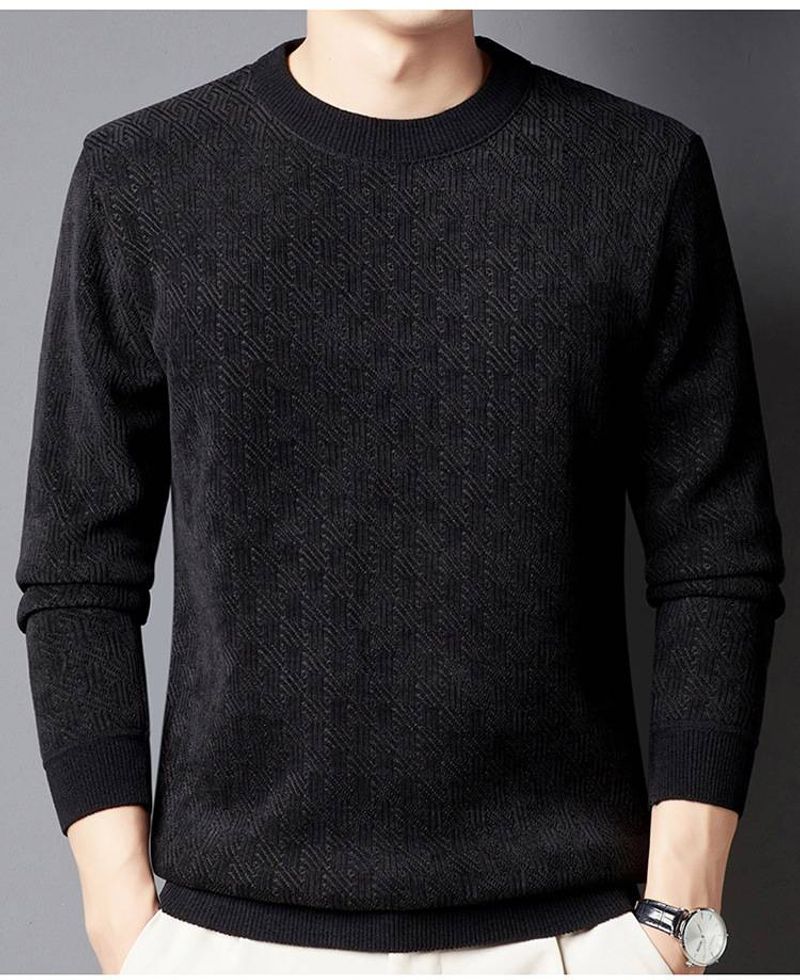 Men's Clothing Winter Men's Sweater Plus Velvet Thickened Jacquard Plaid All in one Velvet Warm Top Solid Color Round Neck Bottoming Sweater_voghion.com