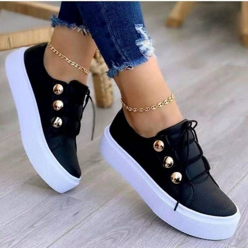 Dames Casual Schoenen Leer Veterschoenen Dames Sneakers Dikke Zool Metalen Decoratie Ademende Vrouwelijke Platte Schoenen_voghion.com