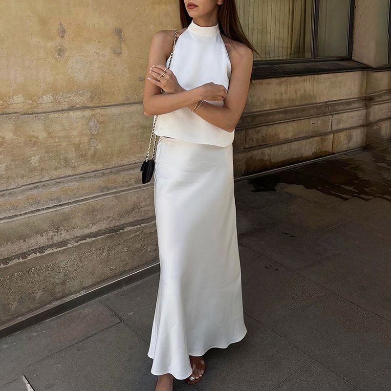 Gilet dos nu pour femmes, col licou, jupe taille haute, ensemble deux pièces en satin d'acétate, jupe longue haut de gamme pour femmes_voghion.com