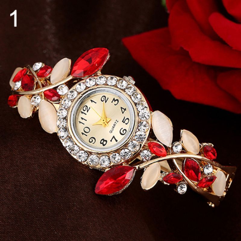 Yamaler Damen-Armbanduhr mit Blättern, rundem Zifferblatt, Strass-Intarsien, Quarz-Kleiderarmbanduhr_voghion.com