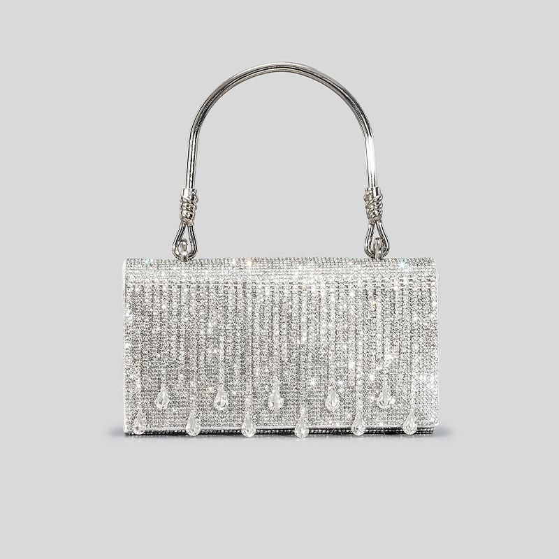 Handtas met kwastjes voor dames, nicheontwerp, metalen handvat voor warme avonden, schoudertas met klep en glinsterende strass-steentjes_voghion.com