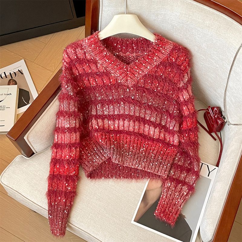 Damenbekleidung, eleganter, flauschiger Pullover mit V-Ausschnitt, weicher Strick-Winterpullover mit Prinzessinnenärmeln, schicke Büro- und Freizeitkleidung (Rot, Dunkelgrau, S/M/L)_voghion.com