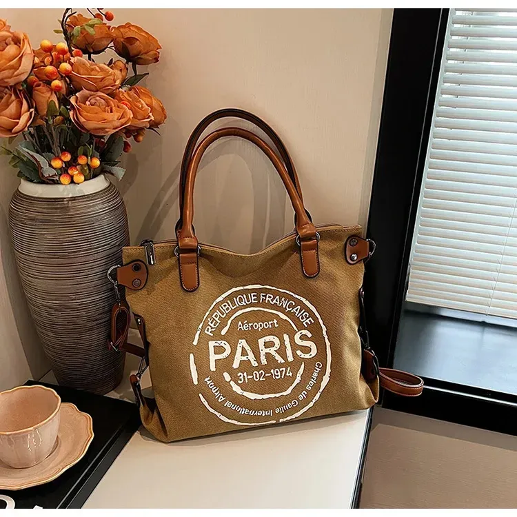Borsa tote grande in tela retrò con tracolla regolabile, stampa vintage di Parigi, elegante tracolla per donna 250221_voghion.com