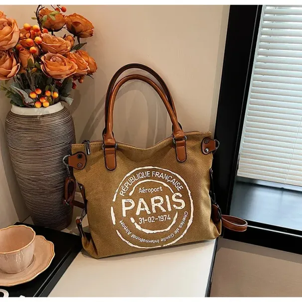 Borsa tote grande in tela retrò con tracolla regolabile, stampa vintage di Parigi, elegante tracolla per donna 250221_voghion.com