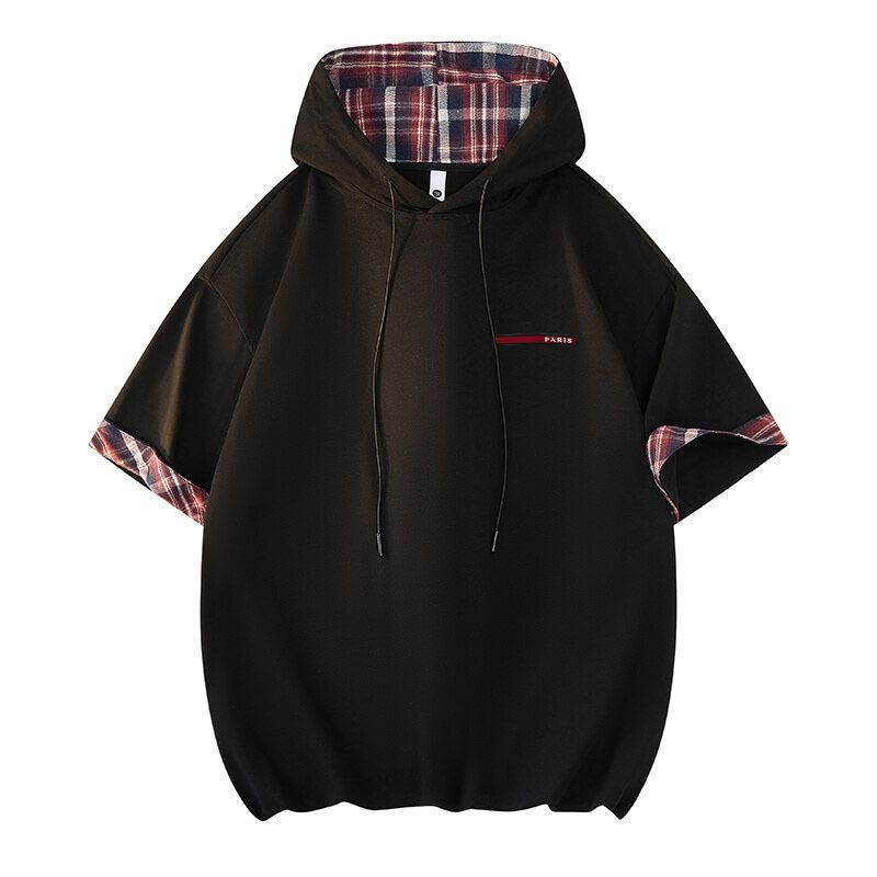 Herrenbekleidung 25 Cross Border Sommer Herren Einfache Kapuze Kontrastfarbe Zweiteiliges lockeres Kurzarm-T-Shirt in großer Größe_voghion.com