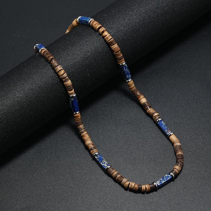Collana da uomo alla moda in stile etnico con perline di legno in guscio di cocco marrone e pietra naturale._voghion.com