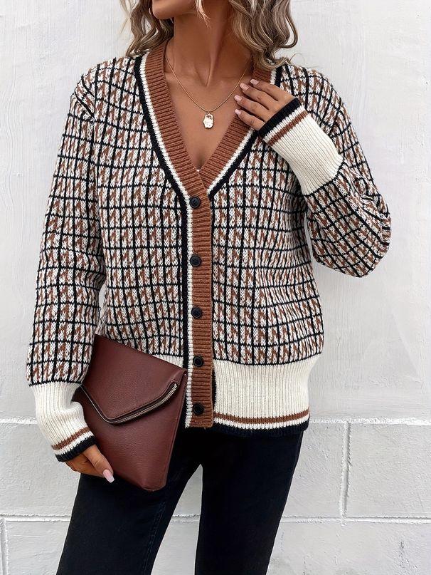 Elegant V-neck Houndstooth Knit Cardigan For Women - Soft Wool Blend Loose Fit Long Sleeve Open Front Sweater For Autumn Winter_voghion.com