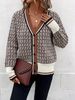 Elegant V-neck Houndstooth Knit Cardigan For Women - Soft Wool Blend Loose Fit Long Sleeve Open Front Sweater For Autumn Winter_voghion.com