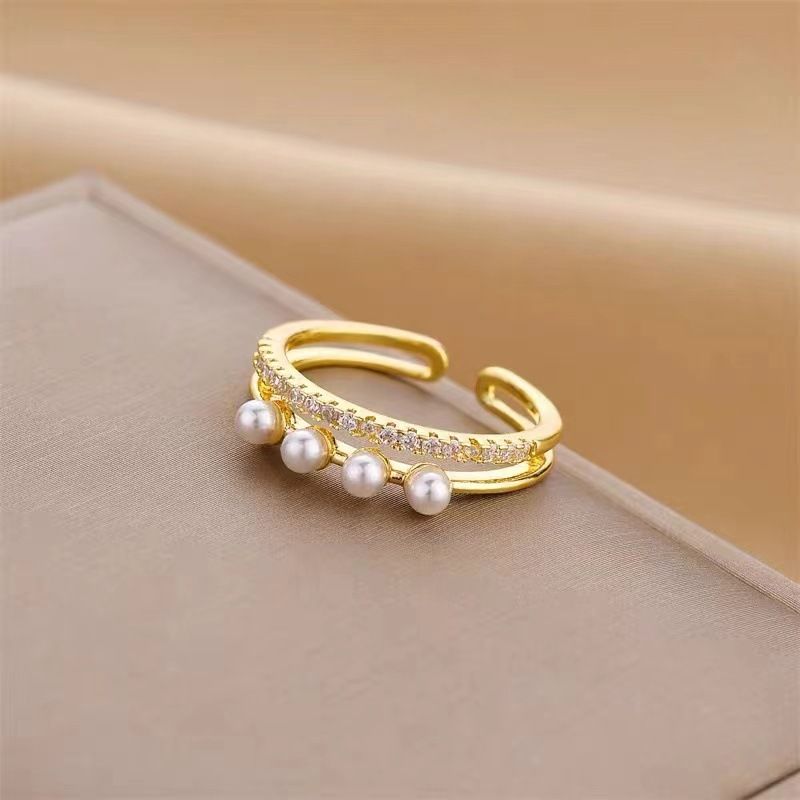 Petites perles rondes, perles, bague à deux couches en zircon pour femmes dans une bague d'index haut de gamme tendance et cool, design de niche simple, bague auriculaire_voghion.com