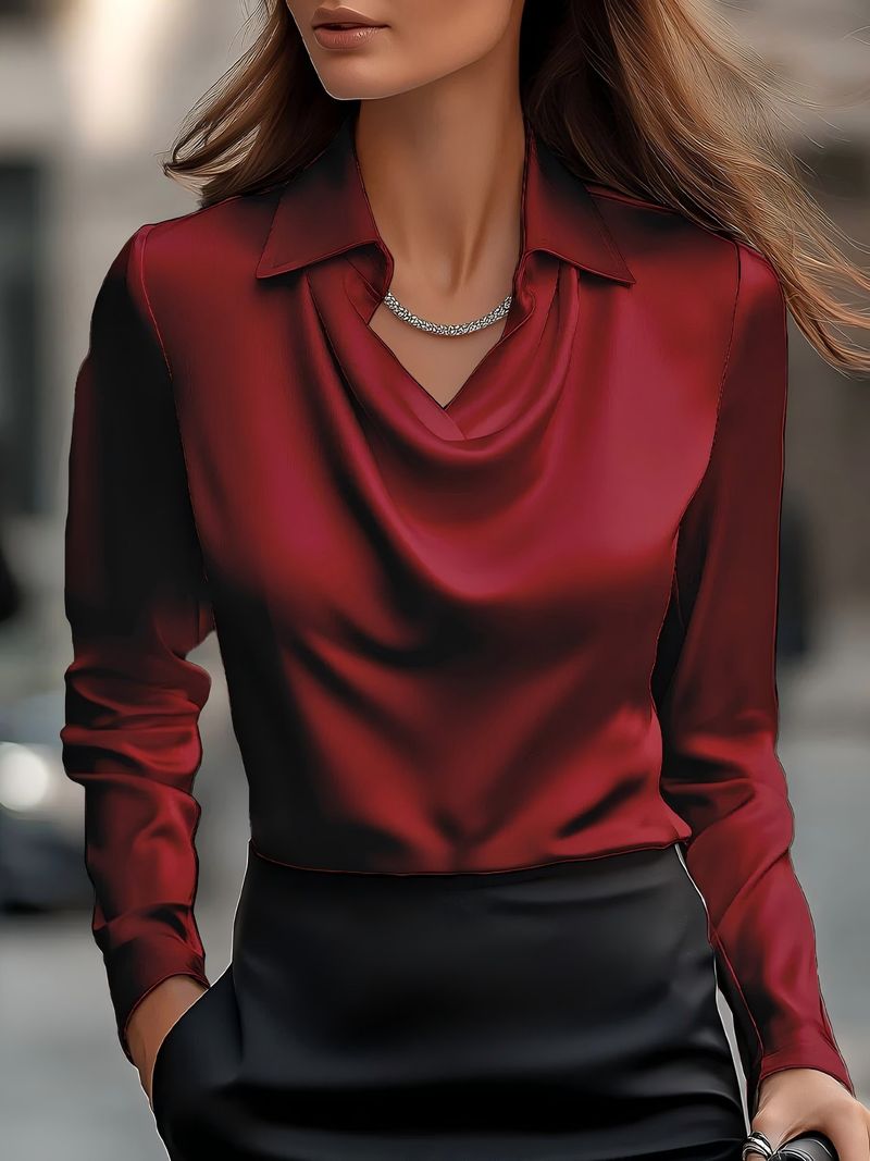 Elegante Bluse mit drapiertem Halsausschnitt für Damen – weiche Polyester-Spandex-Mischung, lange Ärmel, vielseitige Unifarben (S-XXXL)_voghion.com