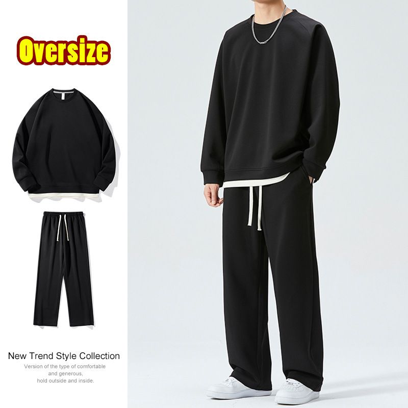 Autumn and winter thin casual sports suit men's two-piece trendy brand loose breathable solid color sweatpants round neck sweater_voghion.com