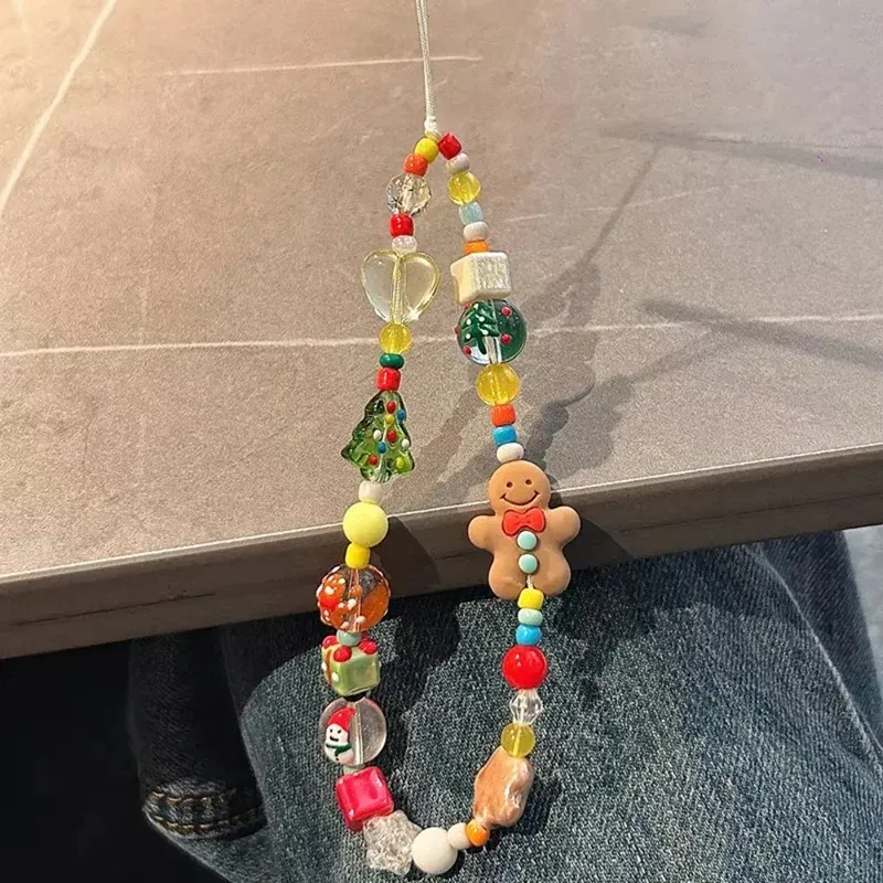 Portachiavi con ciondolo in acrilico per telefono con perline a forma di omino di pan di zenzero di Natale coreano 3D per iPhone, gioielli anti-smarrimento a catena appesi_voghion.com