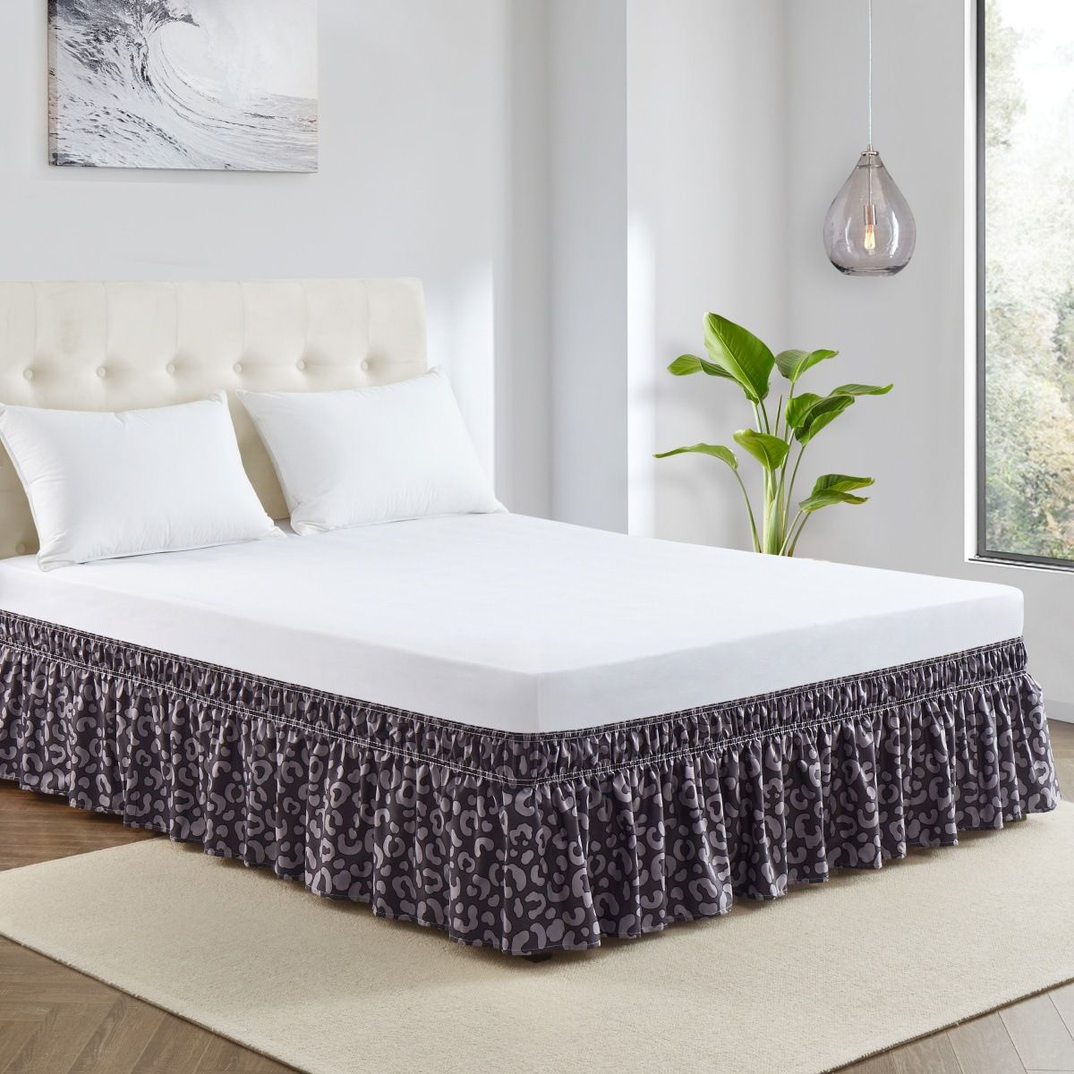 Brown Gray Leopard Print Bed Skirt Single Piece Elastic Pleated Bed Apron Hotel Linen Bedside Skirt_voghion.com
