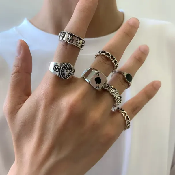 7 tk/komplekt gooti nikerdatud südamekujulise pokkeri antiikvärvi sõrmused meestele vintage geomeetrilise sõrmenukikujulise tänava sõrmuse aksessuaarid_voghion.com