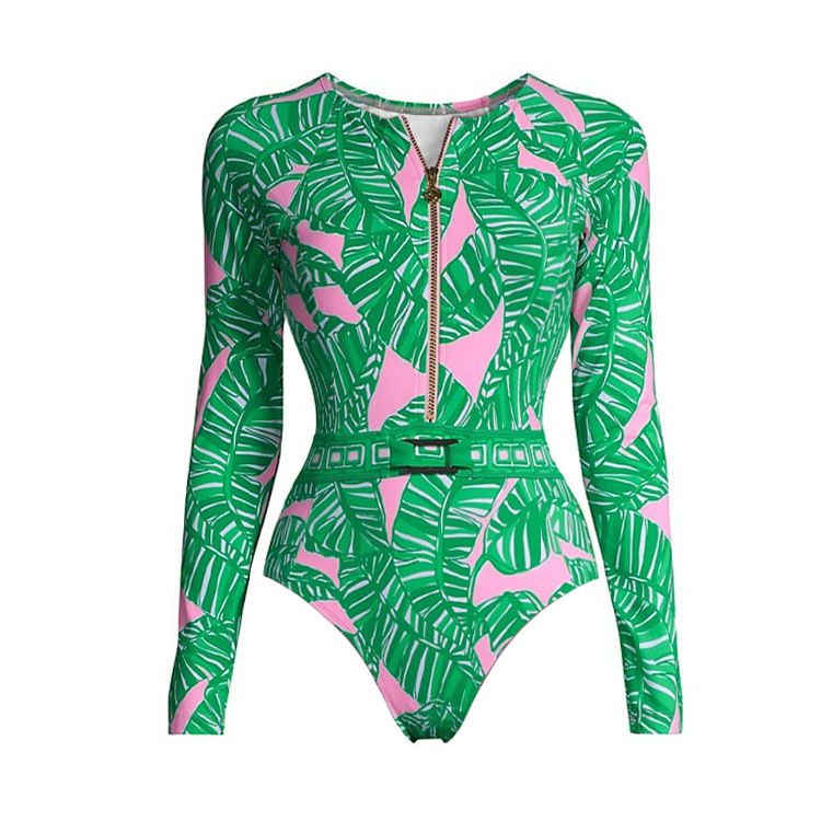 Women's Clothing Swimsuit New Long Sleeved Zipper Green Printed Surf Suit_voghion.com
