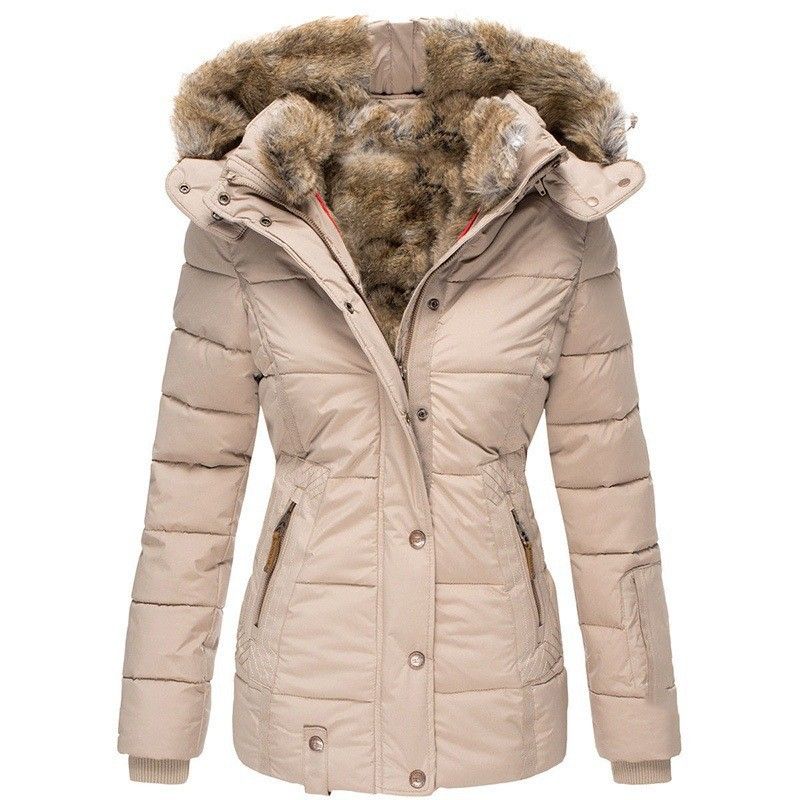 Women's Clothing winter warm fur collar cotton coat women's zipper long sleeved slim hooded cotton coat_voghion.com