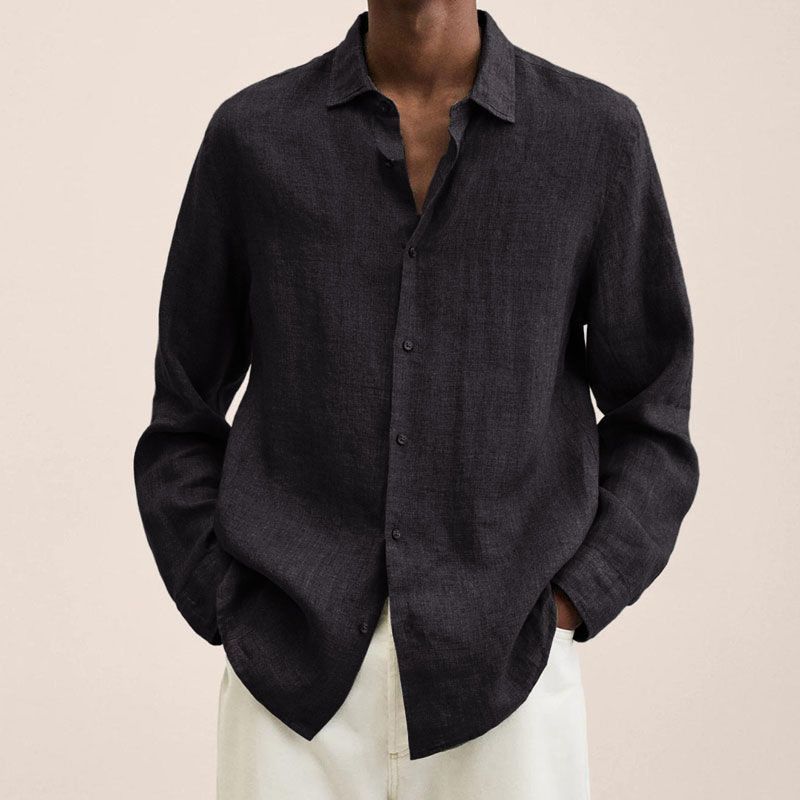 Men's Relaxed Fit Linen-Blend Button-Down Shirt – V-Neck Breezy Top (S-5XL, 20s Poly-Linen, Multi-Color Casual Wear)​_voghion.com
