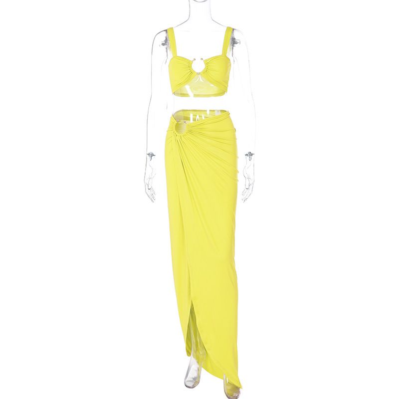 Abbigliamento da donna primavera ed estate nuovo sexy bretelle tubo top aderente gonna plissettata spacco tuta_voghion.com