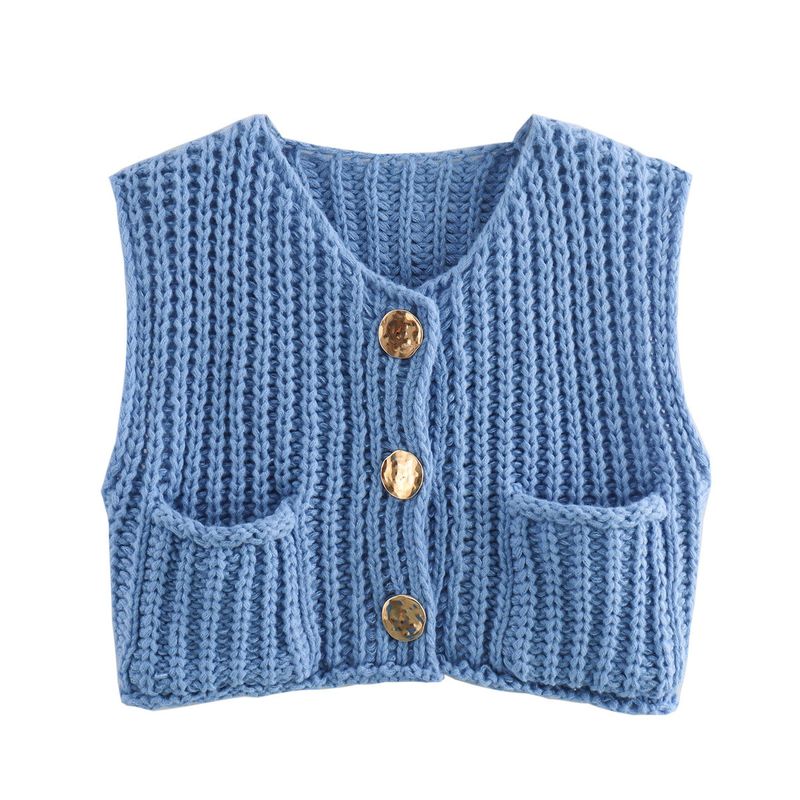 Damen Kleidung Stil Tasche Ärmellose Kurze Strickjacke Weste_voghion.com
