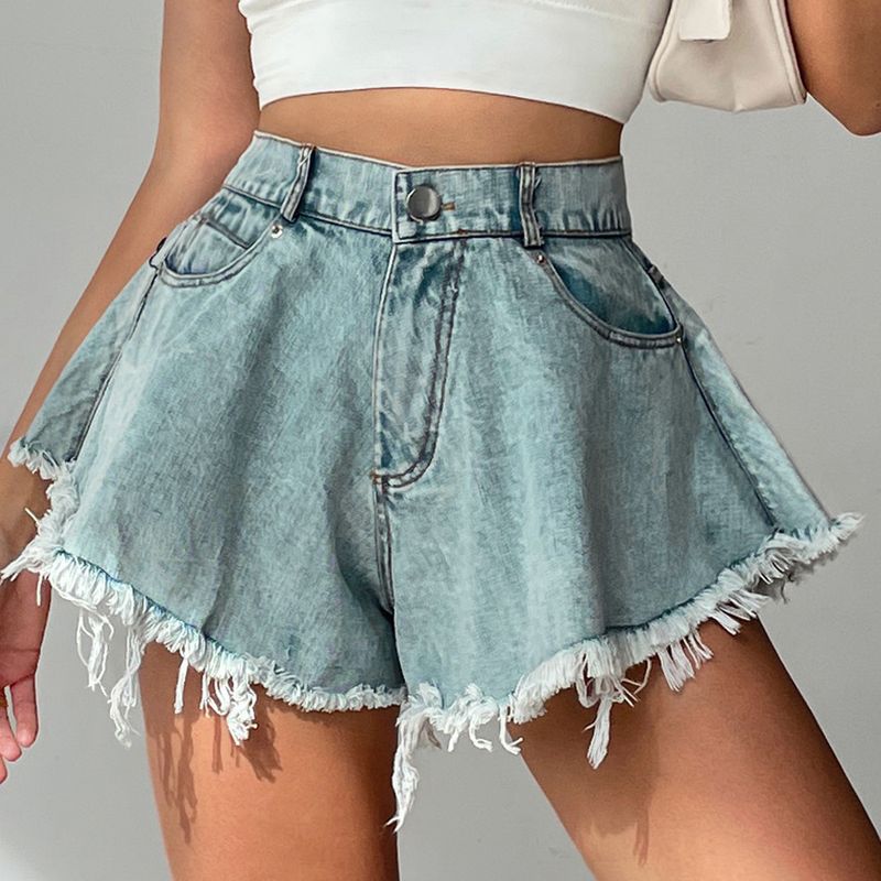 Ropa de mujer Pantalones cortos vaqueros de cintura alta rotos con borlas para mujer_voghion.com