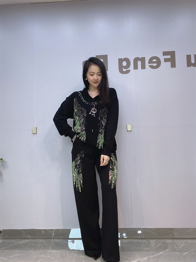 Women's Clothing Diamond studded Hooded Long sleeved Sweater Fashion Two piece Wide leg Pants Women's Suit_voghion.com