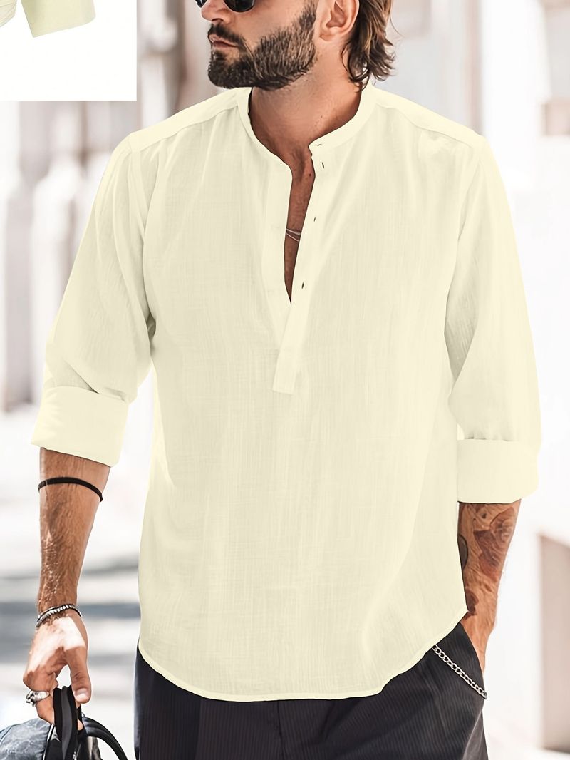 Camicia casual da uomo con colletto alto, tinta unita, a maniche lunghe, in cotone e lino di bambù_voghion.com