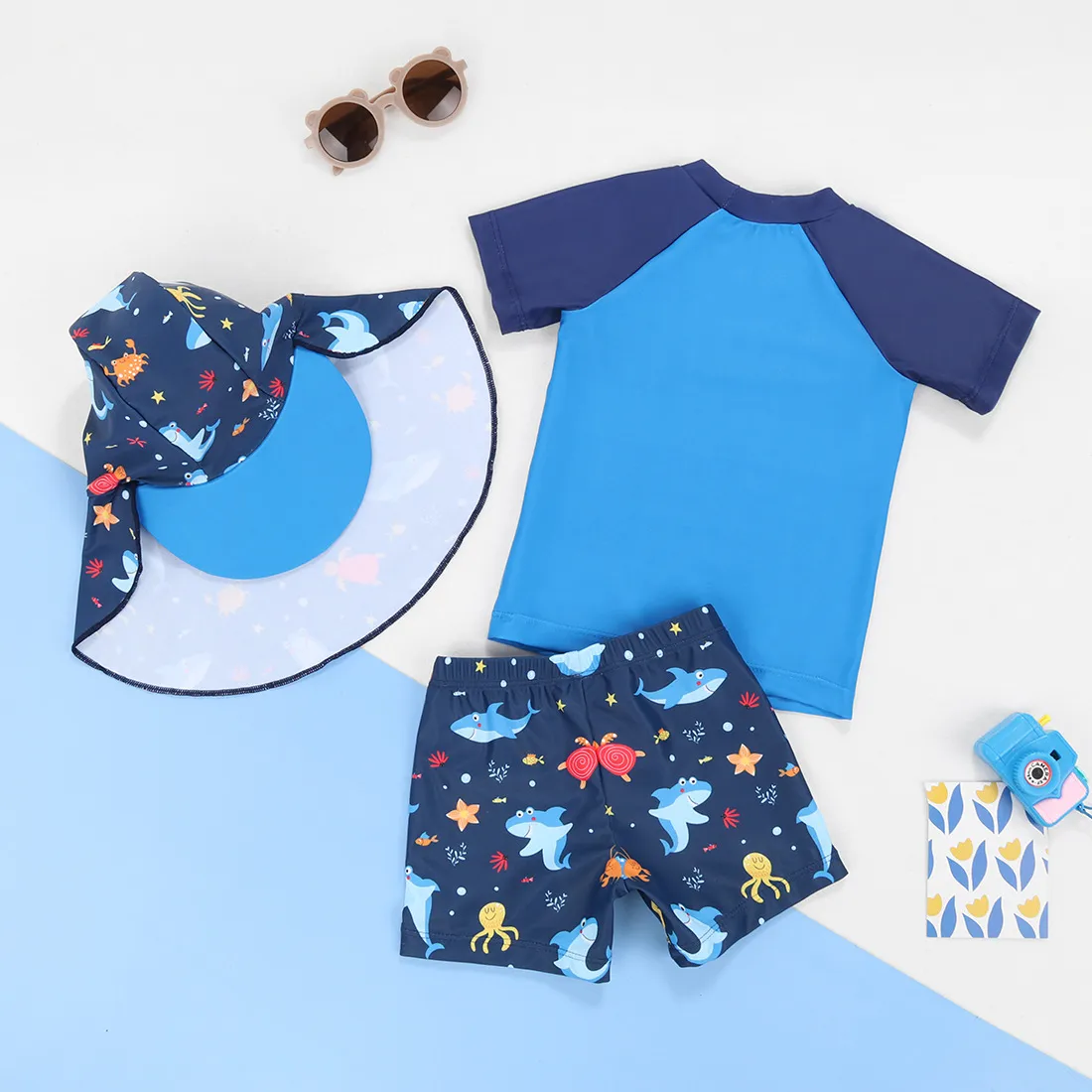 Maillot de bain pour enfant, maillot de bain pour garçon, manches courtes, boxer, col rond, chapeau de diable, crème solaire, imprimé dessin animé_voghion.com