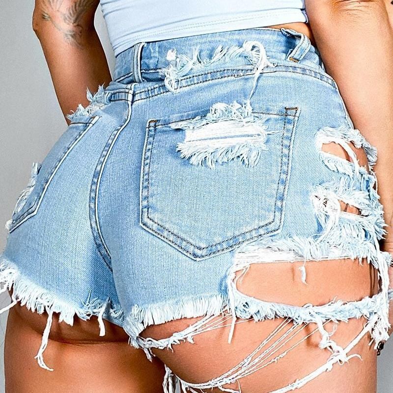 2025s Irregular Ripped Stretch Denim Shorts Hot Pants_voghion.com