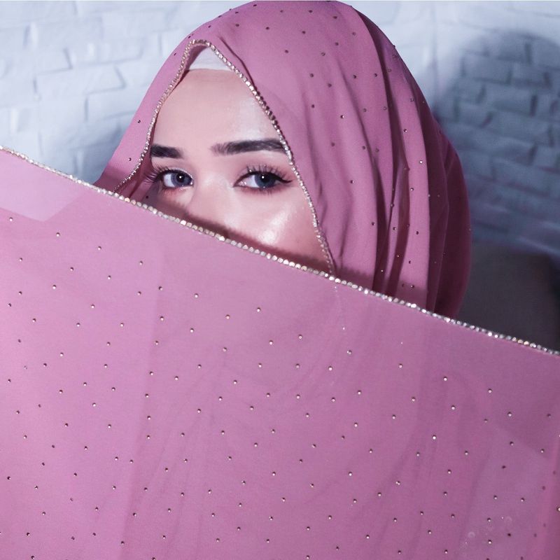 Foulard musulman long en chaîne et strass, couleur unie, chaîne dorée, hijab en mousseline de soie_voghion.com