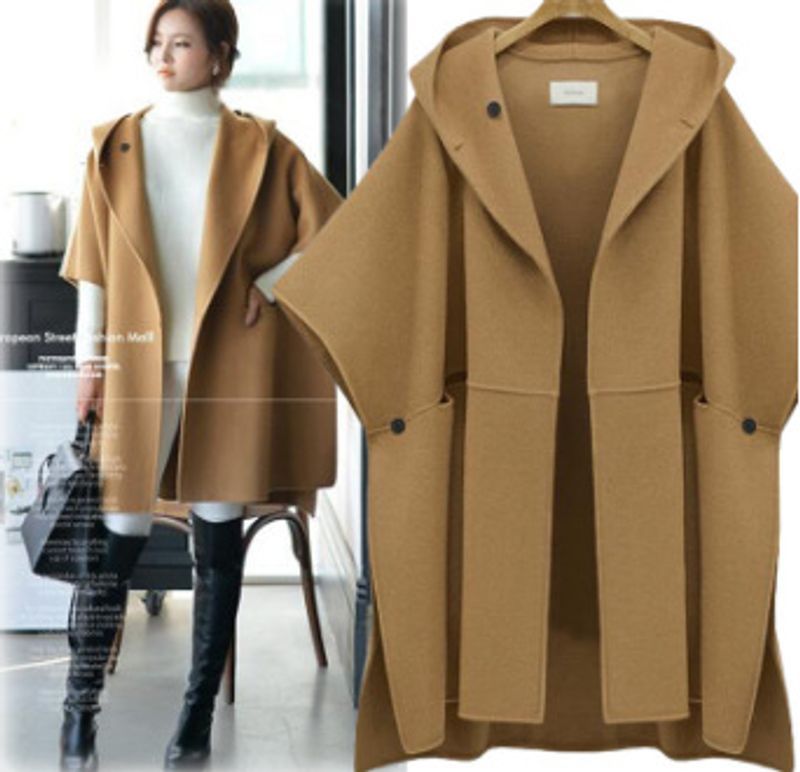 【Haute qualité】 Femmes Automne et Hiver Nouveau Européen et Américain Grand Manteau À Capuche Lâche Manteau En Laine Chauve-Souris Manteau En Laine Femmes_voghion.com