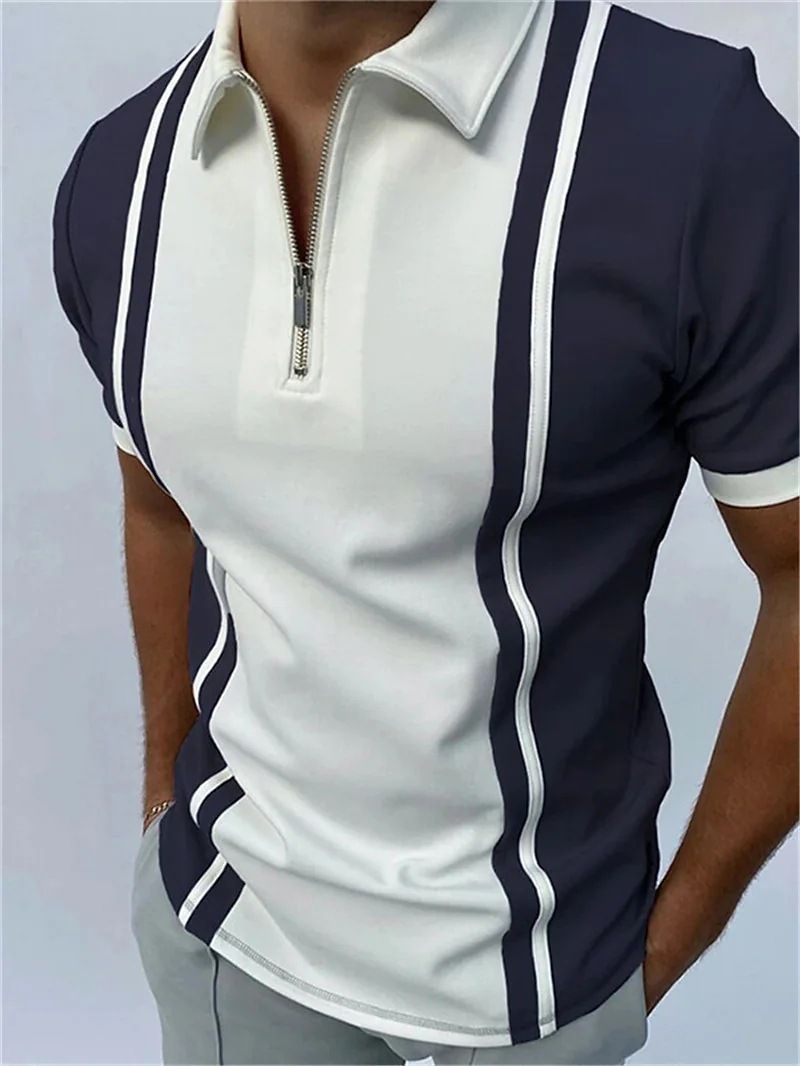 Neues Golf-Poloshirt für Herren mit Reißverschluss, gestreiftem Farbblock-T-Shirt_voghion.com