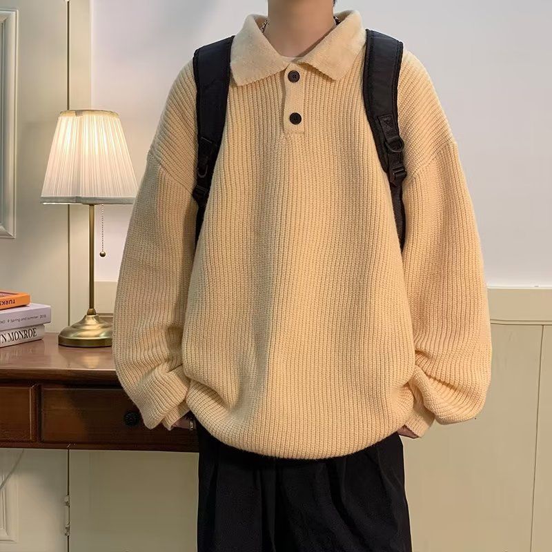 Men's Clothing lazy Polo collar sweater men's retro brown sense oversize inner sweater_voghion.com